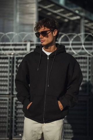 Oversize Tam Fermuarlı Uzun Kol Hırka - Siyah Siyah