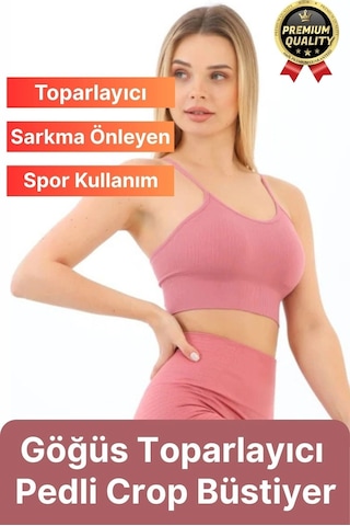 Svein Göğüs Toparlayıcı Sarkma Önleyen Gündelik Spor Kullanım İnce İp Askılı Pedli Çizgili Crop Büstiyer Pembe