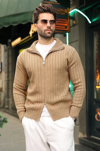 Madmext Vizon Çift Fermuarlı Slim Fit Çizgili Erkek Triko Hırka E7522