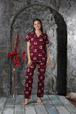 Yazlık Ayıcık Baskılı Kısa Kol Pijama Takımı Yeni Sezon Bordo