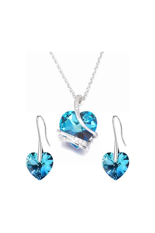 Monemel Kristal Taşlı Mavi Kalp Kolye Ve Kupe Set Altın Kaplama N0404set Gümüş