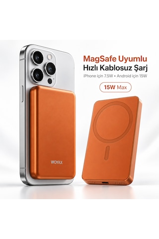 Woyax Magsafe Powerbank 5000mah Slim Hızlı Taşınabilir Batarya İphone 11 12 13 14 15 16 17 Pro Max Samsung Turuncu