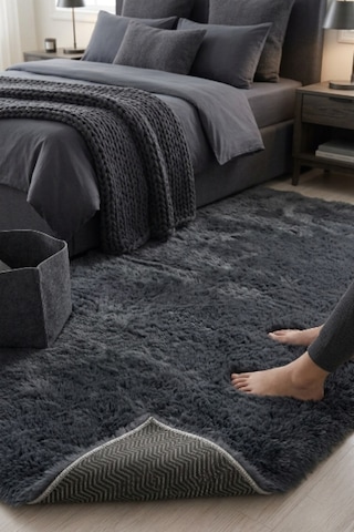 Yüksek Kalite Ekstra Yumuşak Kaymaz Özel Tabanlı Tavşan Peluş Halı Antrasit