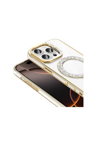 Apple Uyumlu iPhone 16 Pro Kılıf Pırlanta Taş Tasarımlı M-safe Şarj Özellikli Karetta Silikon Kılıf Gold