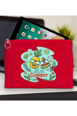 Bk Gift Yaz Temalı Kırmızı Tablet Çantası 30x21cm, Apple iPad Uyumlu Çantası, Baskılı Tablet Kılıfı