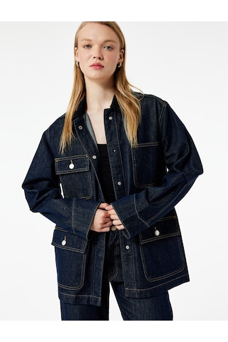 Koton Uzun Kollu Cep Detaylı Gömlek Yaka Denim Ceket Orta İndigo 6wal50008md Indigo