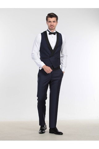 Kip Saks Fitted Fit Şal Yaka Klasik Yelek Saks