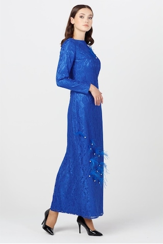 Sax - Tüylü Taşlı Dantel Abiye Elbise Saks