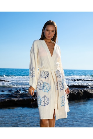 Litustyle Yaprak - Naturel & El Baskılı Pamuk Müslin Kimono Beyaz