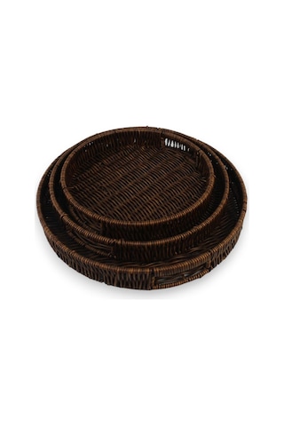 3 Lü Rattan Tepsi Dekoratif Tepsi Hasır Örme Tepsi Yuvarlak Kahverengi