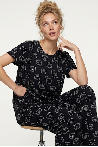 Siyah İnci Siyah Ayıcık Desenli Kısa Kollu Pamuklu Pijama Takımı Siyah A Desen