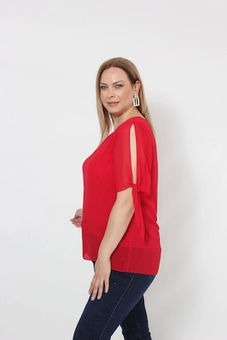 3173k Kırmızı Kolu Bağlama Detaylı Bluz Kırmızı