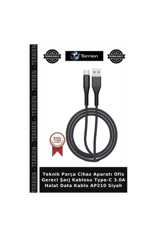 Teknik Parça Cihaz Aparatı Ofis Gereci Şarj Kablosu Type-c 3.0a Halat Data Kablo Ap210 Siyah