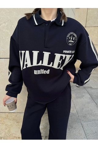 Defymoda Üç İplik Yakalı Sweat Baggy Pantalonlu Takım - Siyah Siyah
