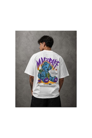 Yolo Street Mgrf Ayıcık Baskılı Beyaz Oversize Erkek Tişört Büyük Sırt Baskı %100 Pamuk Streetwear Beyaz1a1
