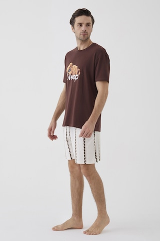 Erkek Kısa Kollu Pamuklu Ayıcık Desenli Şortlu Pijama Takımı Ke30308 Ekru