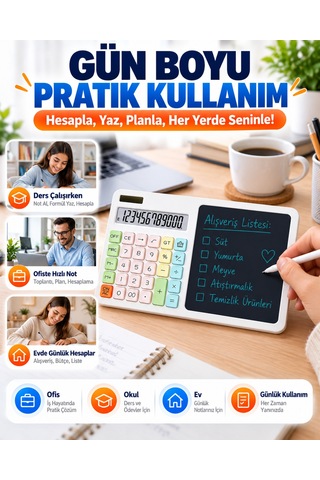 12 Haneli Güneş Enerjili Hesap Makinesi Lcd Yazı Tabletli Kalemli Pastel Renkli Masaüstü Hesap Makinesi Not Tableti Beyaz