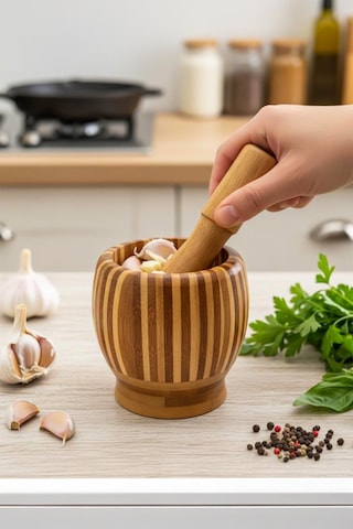 Porsima Pbt-409 Doğal Bambu Havan - Sarımsak Döveceği Ahşap Sarımsak Ezici Havan Döveç Ahşap