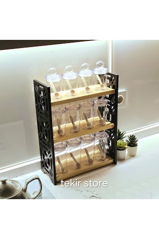 12 Li Baharatlık Takımı Ahşap Siyah Standlı Mika Vakum Kapaklı Siyah