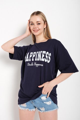 Flood Of Style Kadın Lacivert Happıness Baskılı Oversize Tshirt