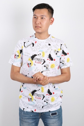 Rich Erkek Bisiklet Yaka Baskılı T-shirt %100 Pamuk Tişört Beyaz