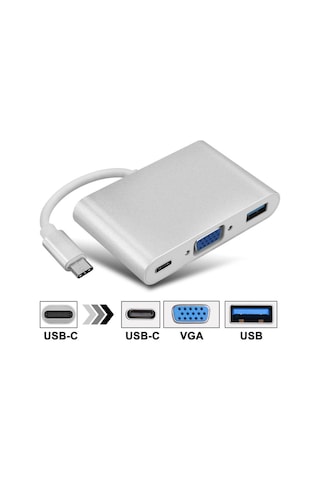 Type-c - Usb 3.0, Vga, Type-c Adaptör Kablosu 3in1 Hub