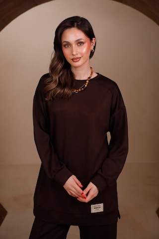 Balenbi Kadın Oysh Modal Kumaş Oversize 80 Cm Tunik Bol Paça Pantolon Tesettür Takım 1228 Kahverengi
