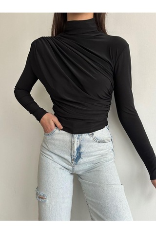 Kadın Büzgü Detaylı Dik Yaka Sandy Bluz Siyah