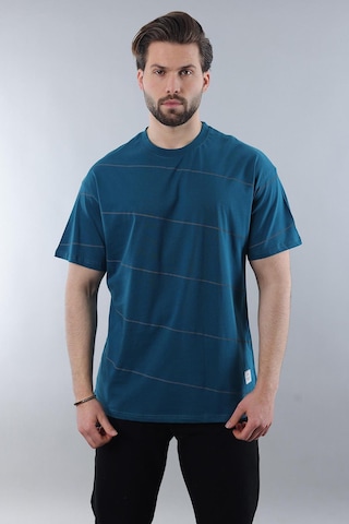 Madmext Petrol Mavisi Bisiklet Yaka Basic Çizgili Erkek T-shirt E7102 Petrol Mavisi