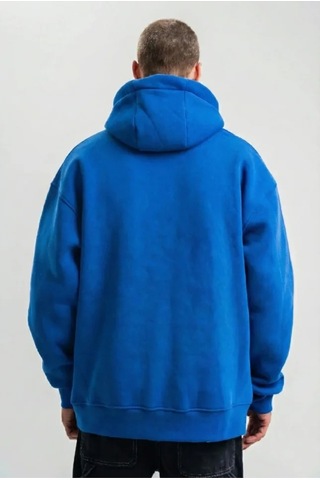 Butik İstanbul Erkek Saks Mavi Double Oversize 3 İplik Pamuklu Kapüşonlu Kanguru Cepli Sweatshirt Hoodie - Saks Mavi Saks Mavisi
