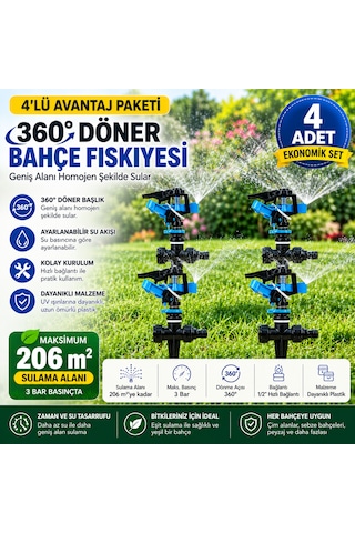 4'lü 360 Derece Döner Bahçe Fıskiyesi Seti 206 M² Sulama Alanı Ayarlanabilir Çim Sulama Sprinkleri