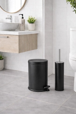 Mat Siyah 2'li Banyo Seti - Metal Çöp Kovası 3 Lt Ve Wc Fırçası Takımı Titan 7200 Siyah