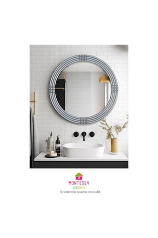 Safir Gümüş Dekoratif Ayna Yuvarlak Işlemeli Duvar Aynası 43 Cm Gümüş