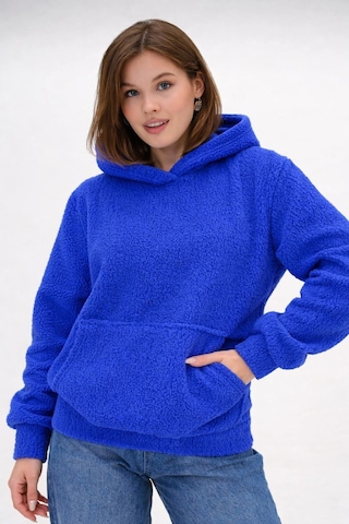 Mamayaga Kadın Peluş Kumoş Kanguru Cepli Kapüşonlu Rahat Kalıp Standart Sweatshirt Mavi