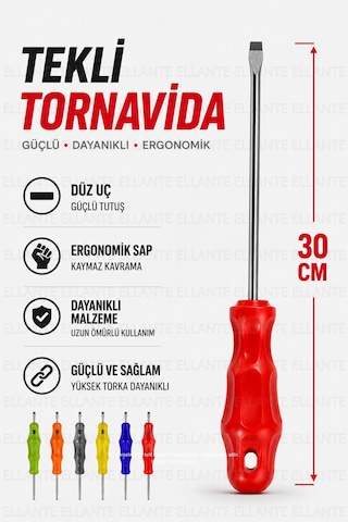 30 Cm Düz Tornavida 5x300 Mm Profesyonel Uzun Boy Ergonomik Sap