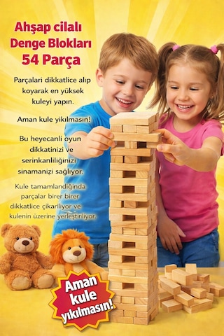 Ahşap Cilalı Denge Blokları 54 Parça Eğitici Ve Eğlenceli Çocuk Oyunu