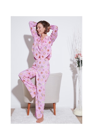 Lela Desenli Rahat Kesim Bol Paça Yazlık Bayan Pijama Takımı 6110014 Şeker Pembe
