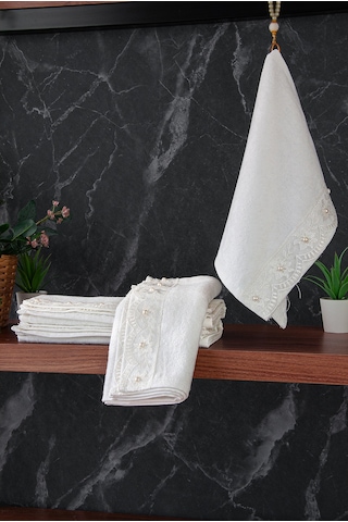 % 100 Pamuklu Kadife Güpürlü İnci Işlemeli 6 Lı Çeyizlik El Yüz Havlu Seti - 30x50 Cm - 04466 - Beyaz Beyaz