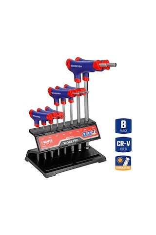 Workpro Wp200542 8 Parça Cr-v Top Başlı T Tipi Uzun Profesyonel Allen Anahtar Takımı