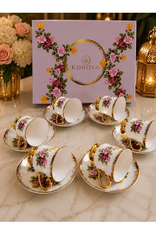 Gold Rose 6 Kişilik Porselen Kahve Fincanı Takımı Altın Yaldızlı Gül Desenli Lüx Sunum Seti Çok Renkli