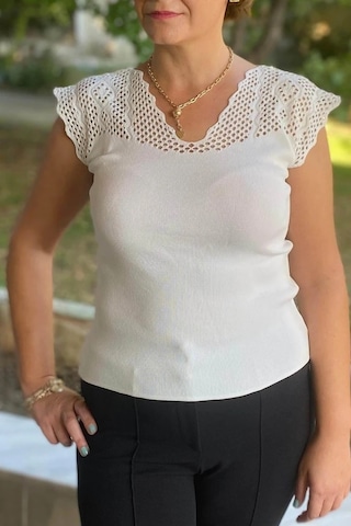 Mia Butik Kadın Beyaz Sıfır Kol Ajurlu Triko Bluz Beyaz