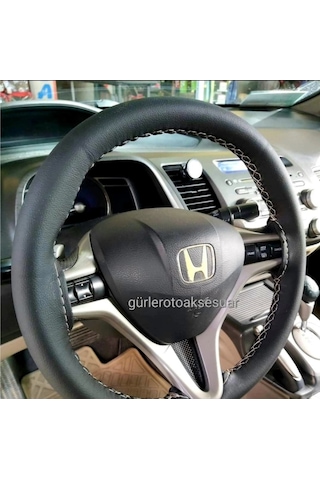 Honda Civic Deri Dikmeli Direksiyon Kılıfı Soft Gri Ipli A+Plus