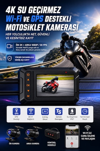 M5f Aksiyon Kamerası Motorsiklet Ön Ve Arka Kamera Sistemi 170 Derece Geniş Lens Full Hd 1080p Kayıt 3.0 İnç Ekran Wifi Gps Su Geçirmez Gece Görüşü Desteği Tüm Motorsikletlere Uyumlu