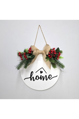Kokina Ve Kozalak Çiçekli, Home Yazılı Kapı Süsü Beyaz