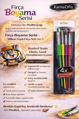 Silikon Saplı Fırça Seti 4 Lü Akrilik, Guaj Ve Tuval İçin Ergonomik Boyama Fırçası Seti