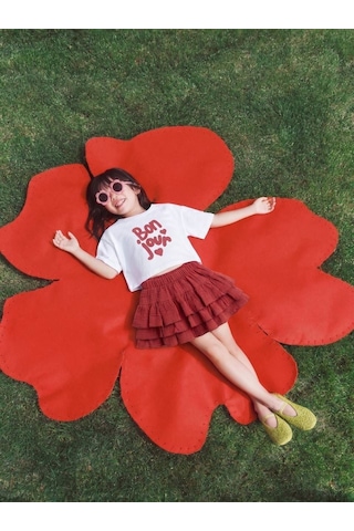 Magu Kız Çocuk Pamuklu Bonjour Baskılı T-shirt Fırfırlı Etek Takım Çok Renkli