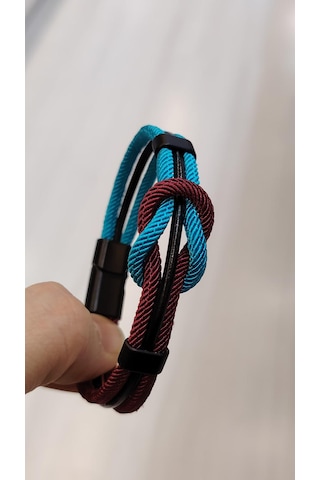 Bordo Mavi Taraftar Temalı Deri&makreme Düğüm Model Bileklik Net 21cm Bordo - Mavi