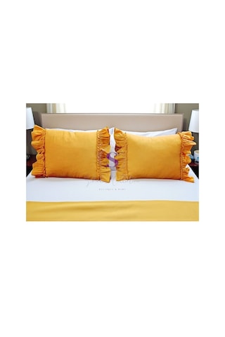 Oksit Sarı Keten Bohem Fırfırlı Vintage 2'li Dikdörtgen Kırlent Kılıfı Sarı