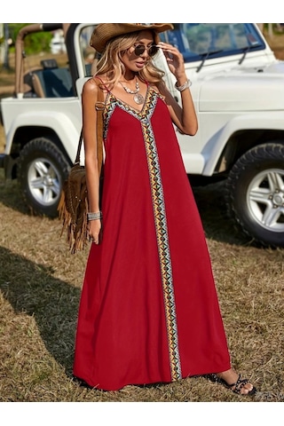 Kadın Askılı V Yakalı Etnik Şerit Detaylı Uzun Viskon Elbise Kırmızı
