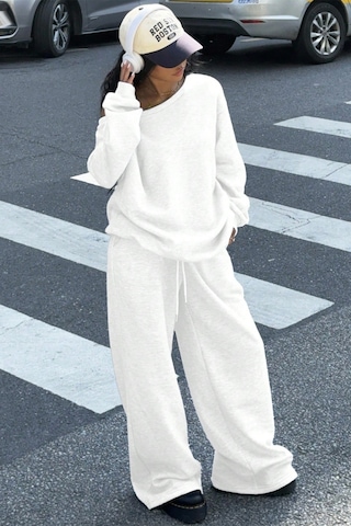 Cool Tarz Kadın Düşük Omuz Yumuşak Basic Sweat Eşofman Takımı Beyaz Beyaz